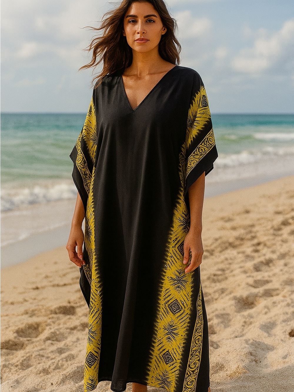 Goddess Black & Yellow V-Neck Beach Caftan